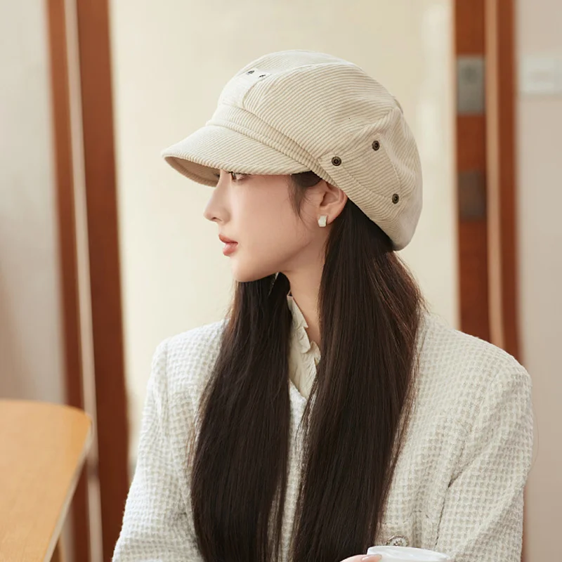 Autumn Winter Warm Beret for Women Thickened Corduroy Octagonal Hat Trendy Vintage Solid Color Berets Japanese Retro Painter Cap image 5