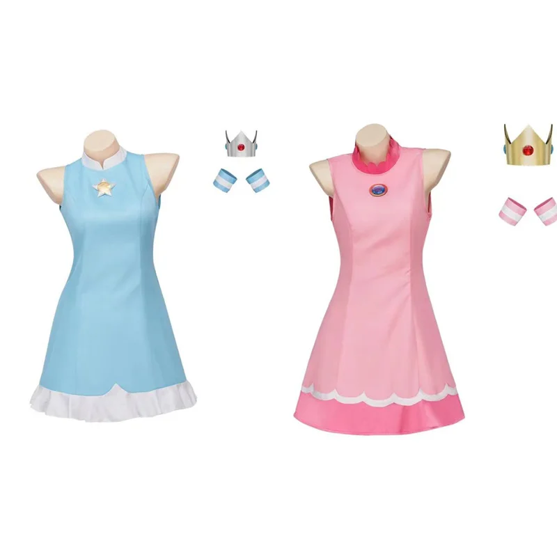 Princess Peach Rosalina Cosplay Costume Sexy Short Dress Without Sleeve Light Blue Pink Lolita Halloween Carnaval Outfit