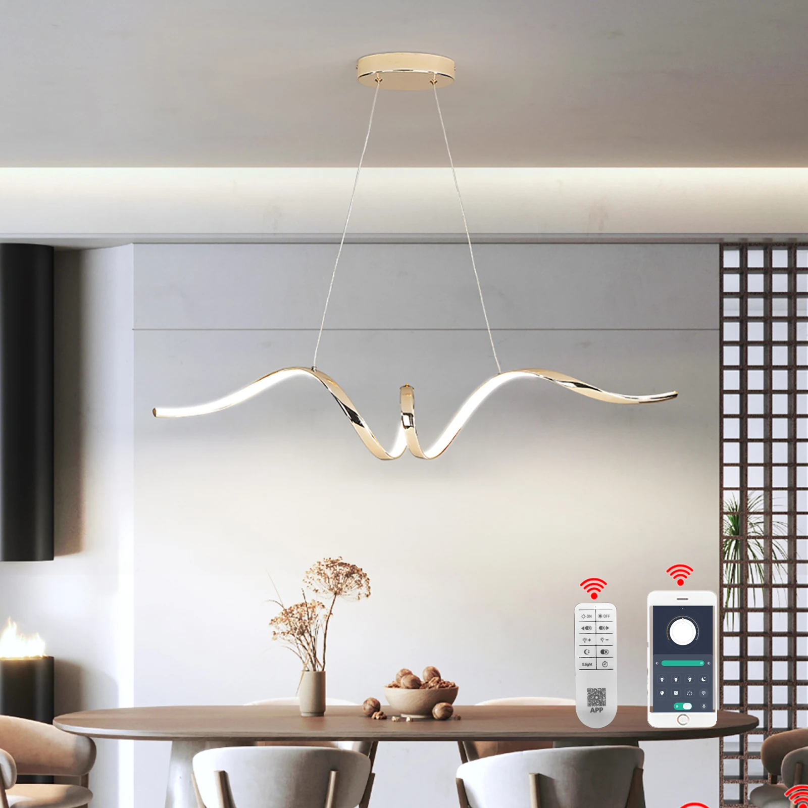 

92cm Dimmable LED Pendant Light with Remote, Adjustable Height, Modern Gold/Chrome/Black for Dining Room Kitchen Island Lighting