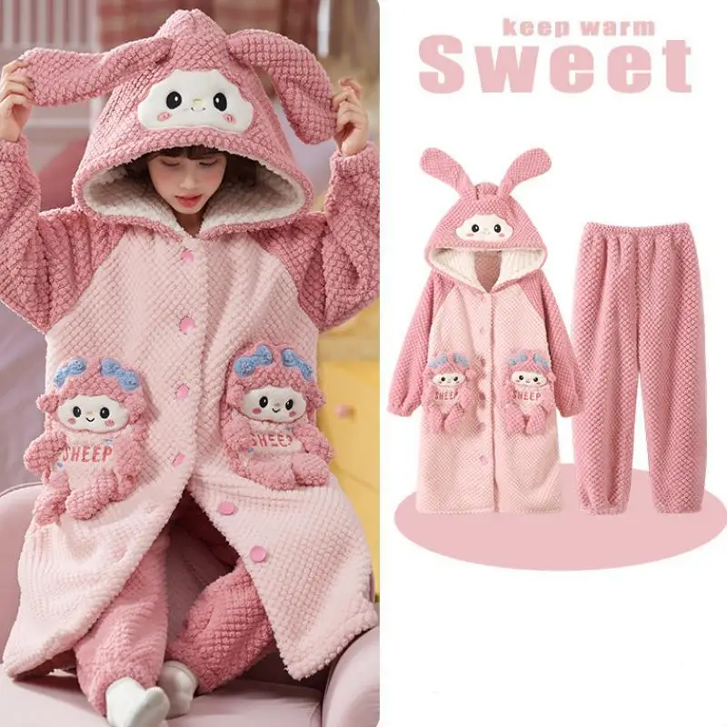 Sanrios My Melody Cinnamoroll Kuromi Hellokittys Kids Pajamas Girls Nightgown Coral Velvet Thickened Home Clothes Set Bathrobe