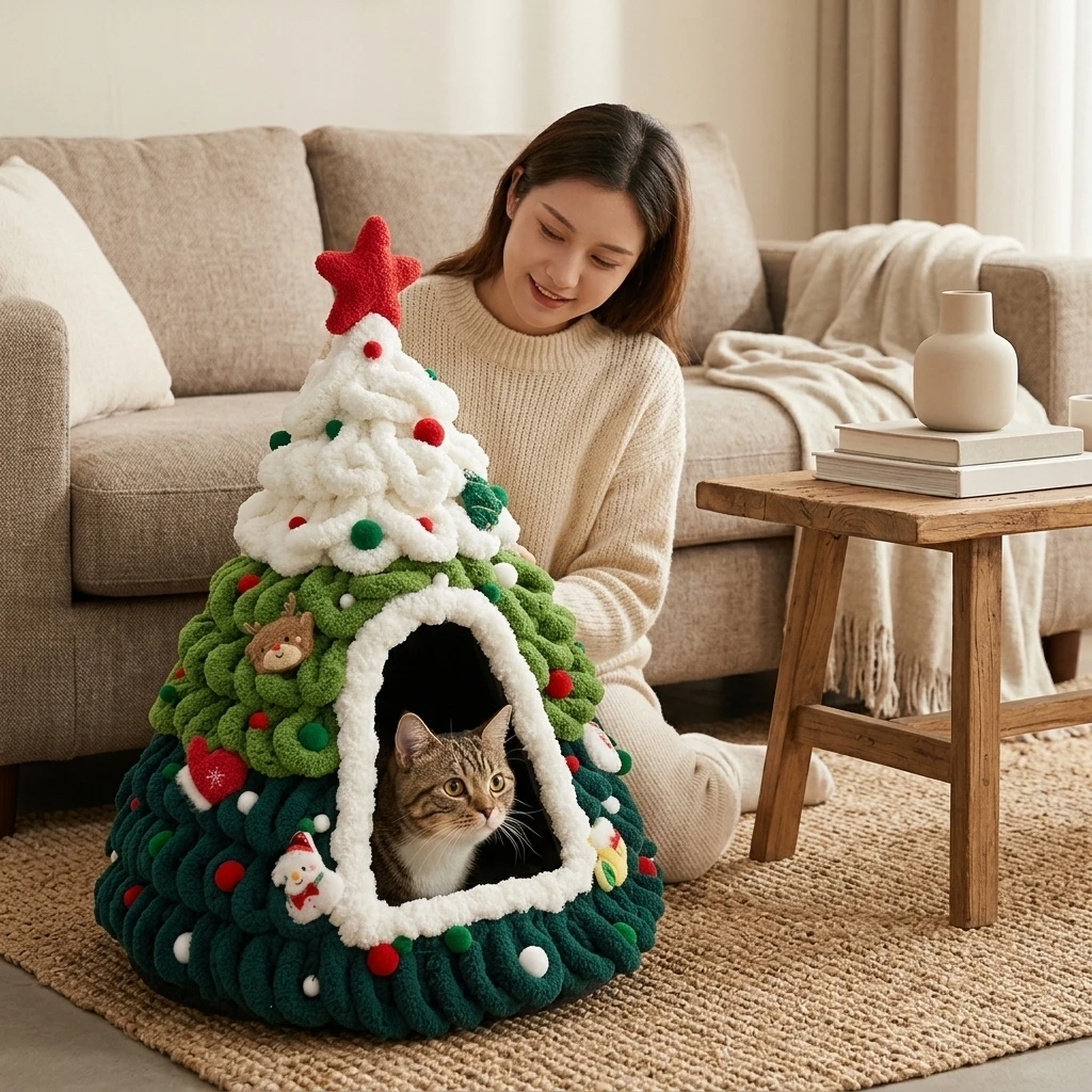 Cozy Cat Bed Cave Cone Shaped Felt Pet House for Christmas Holiday Home Decor Warm Winter Nest for Cats Small Dogs