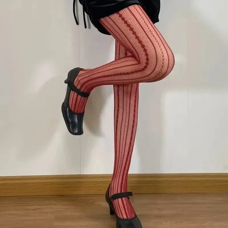 Women Sexy Lace Fishnet Pantyhose Lolita Style Hollow Out Design Red Silk Stockings JK High Waist Striped Tights Christmas Gifts