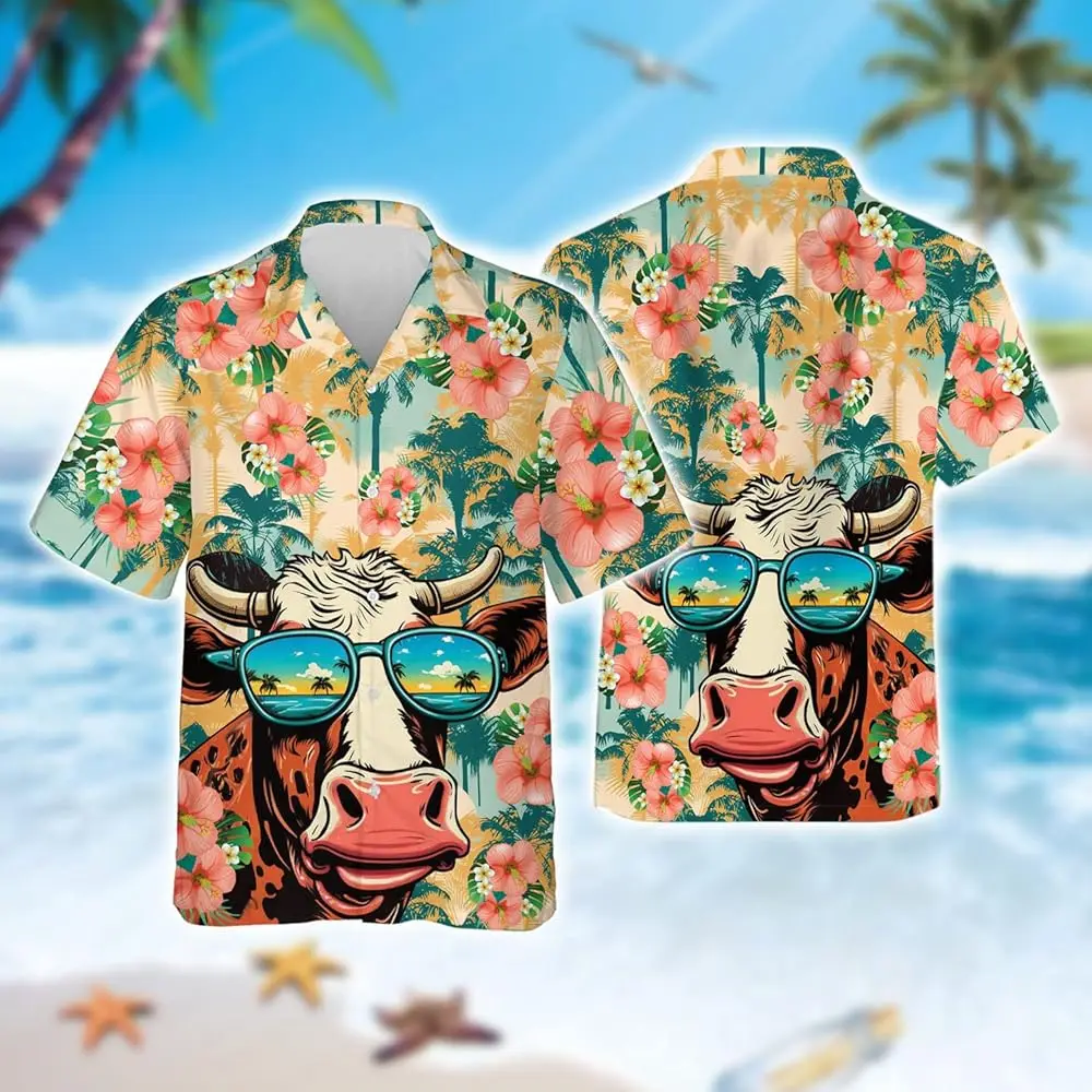 Fashionable Hawaiian style, beach, cartoon printed patterns, casual wear, relaxed vacation beach shirt