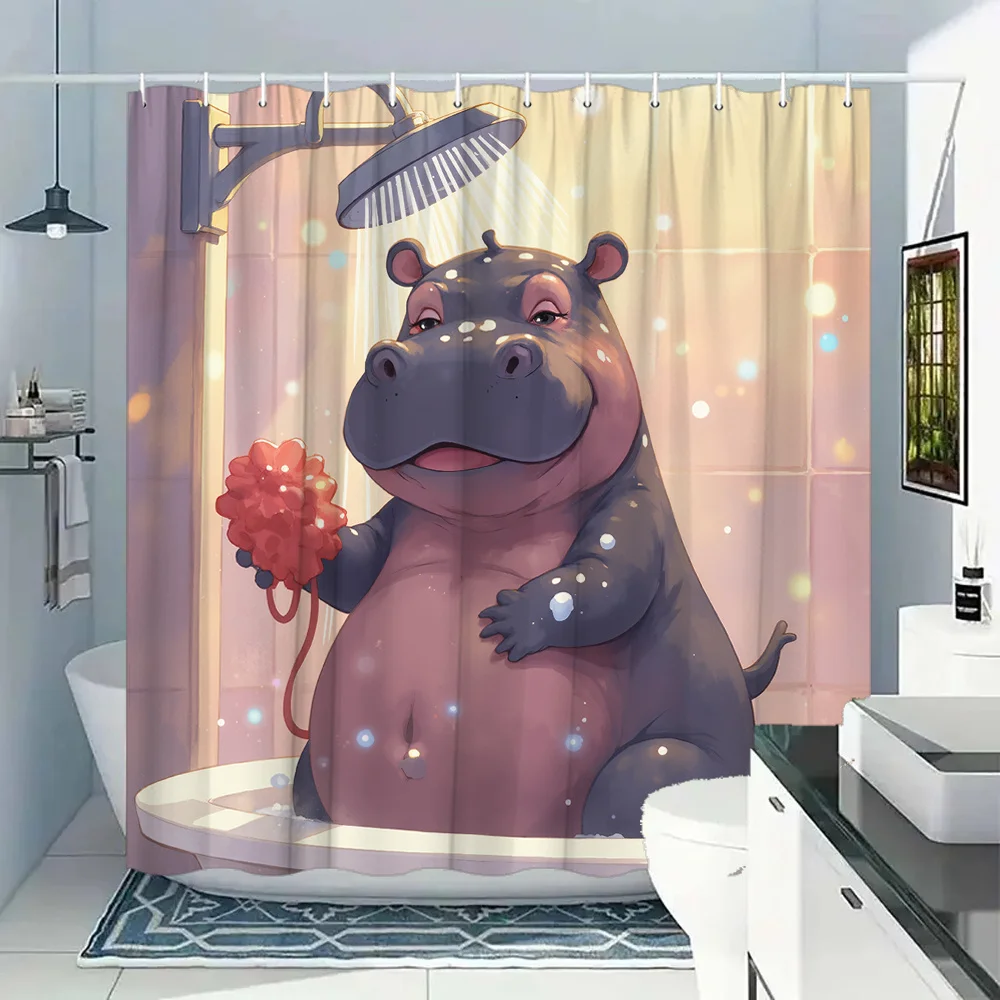 Waterproof Hippo Shower Curtain Cartoon Bathroom Shower Liner Decoration Cute Tropical Animal Print Polyester Curtain Panel for