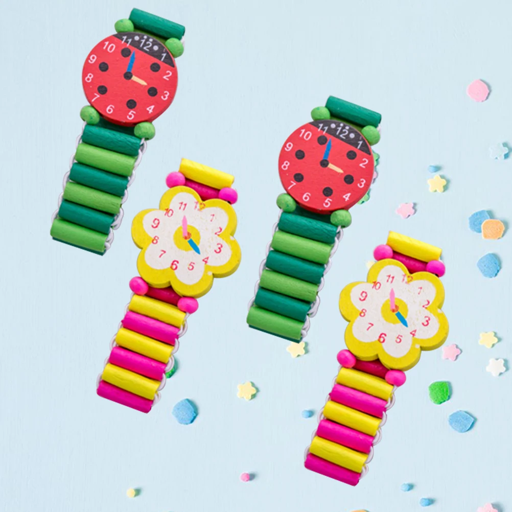 

4pcs Children Watches Toys Wood Simulation Wristwatches Colorful Cartoon Bamboo Kids Safe Eco Friendly Environmental Paint Rich