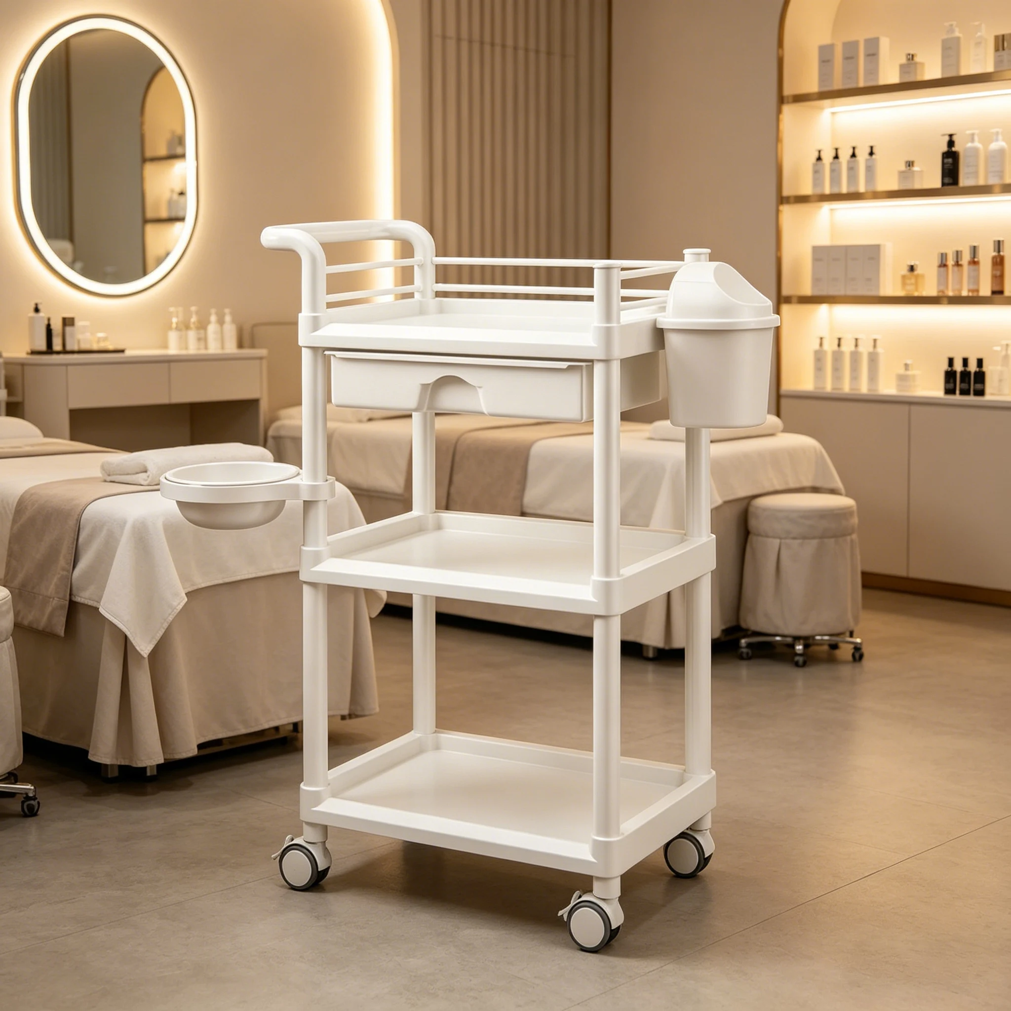 工場用サロン、理髪店用ツールトロリー、多機能ヘアスタイリスト用美容カート、プラスチック製、4輪、耐久性、業務用、モダンデザイン