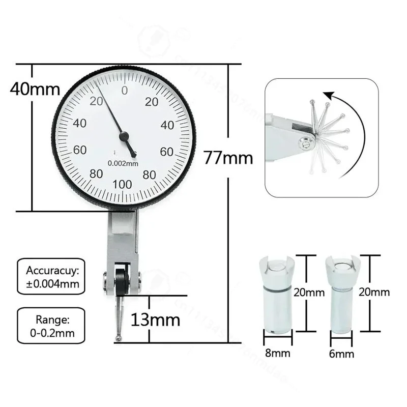0-0.2mm Lever Dial Indicator 0.002mm Precision 40mm Large Dial Industrial Measuring Workshop Gauge