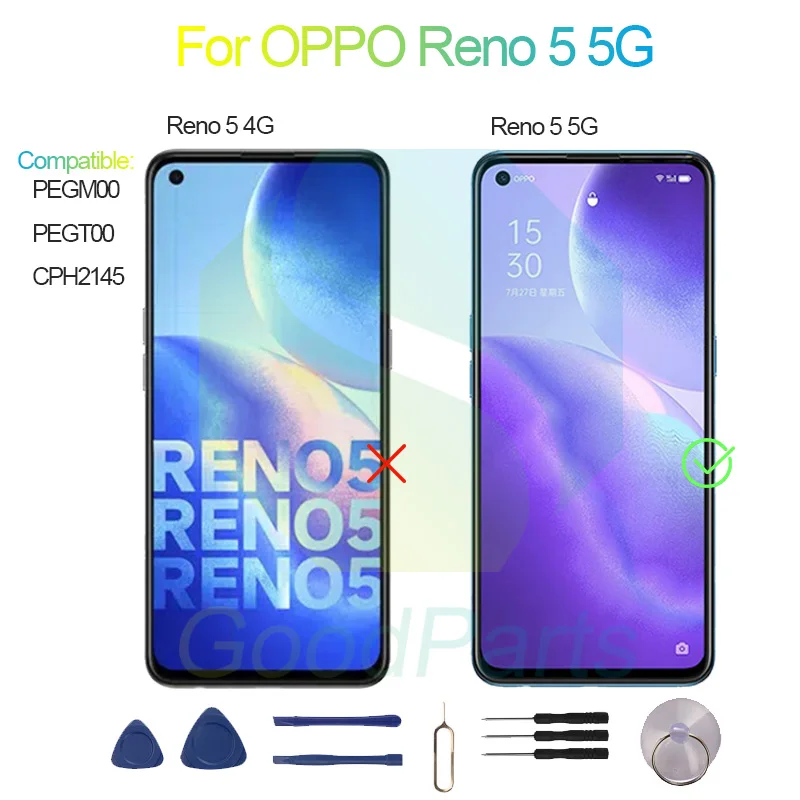 For OPPO Reno 5 5G Screen Display Replacement 2400*1080 PEGM00, PEGT00, CPH2145 Reno 5 5G LCD Touch Digitizer Assembly