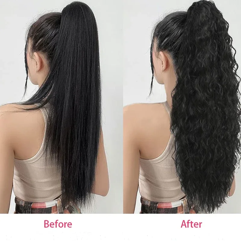 Extensiones de Cabello con Clip de cordón para mujeres negras, cola de caballo, Onda de agua sintética Natural, negro, Rubio, 26 pulgadas