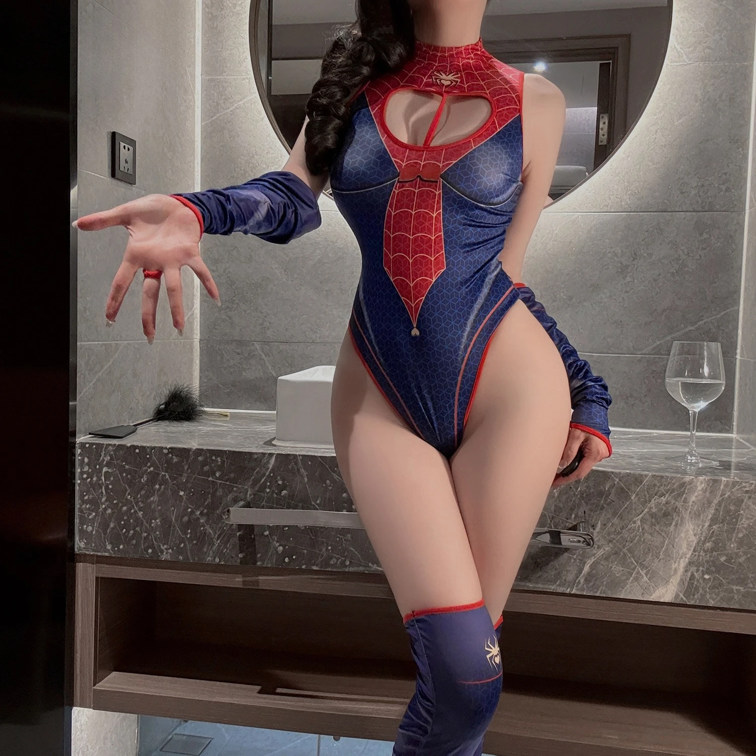 الطباعة Crotchless ارتداءها العنكبوت المرأة تأثيري مثير الملابس الداخلية يوتار الجوف الحب القلب تصميم بذلة زي #3