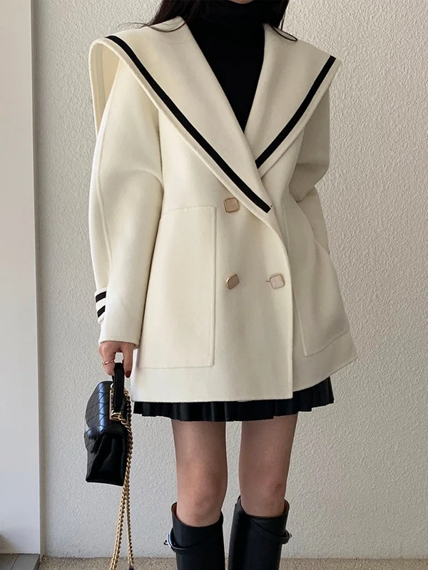 

Japanese Sle Women's Woolen Coat Loose Navy Collar Faionable Autumn Winter High-End Feeling Big Size Camere Simulation