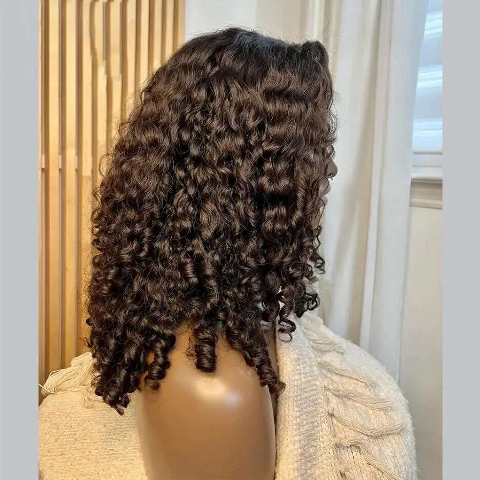 Perruque crépue bouclée sans colle pour femmes noires, cheveux de bébé, délié naturel pré-plumé, devant en dentelle, brun doux, long, densité 180, 26 po