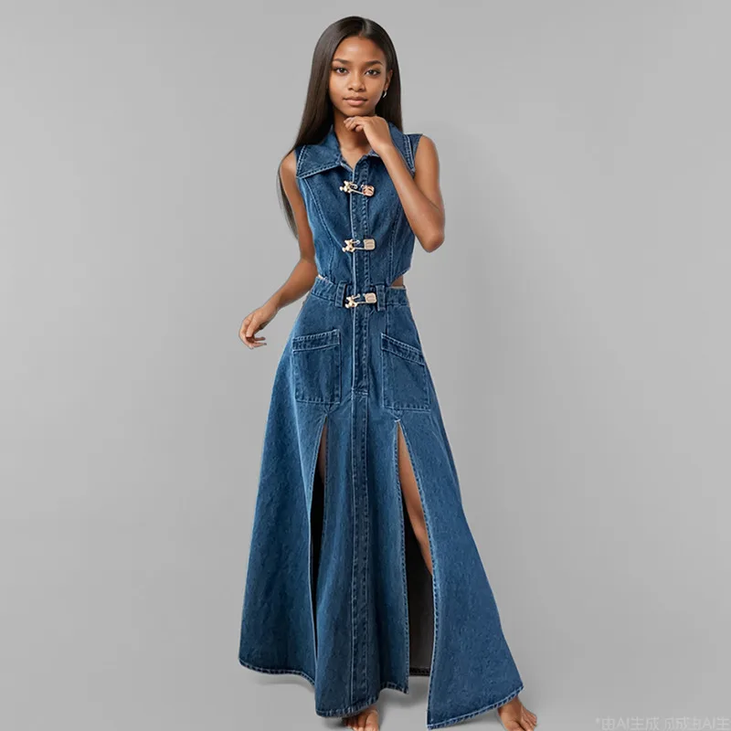 WTHT 2025 Spring Fashion Women's Waist Hollow Out Denim Long Dress Trendy Lapel Sleeveless Split Dresses Female 1LS813