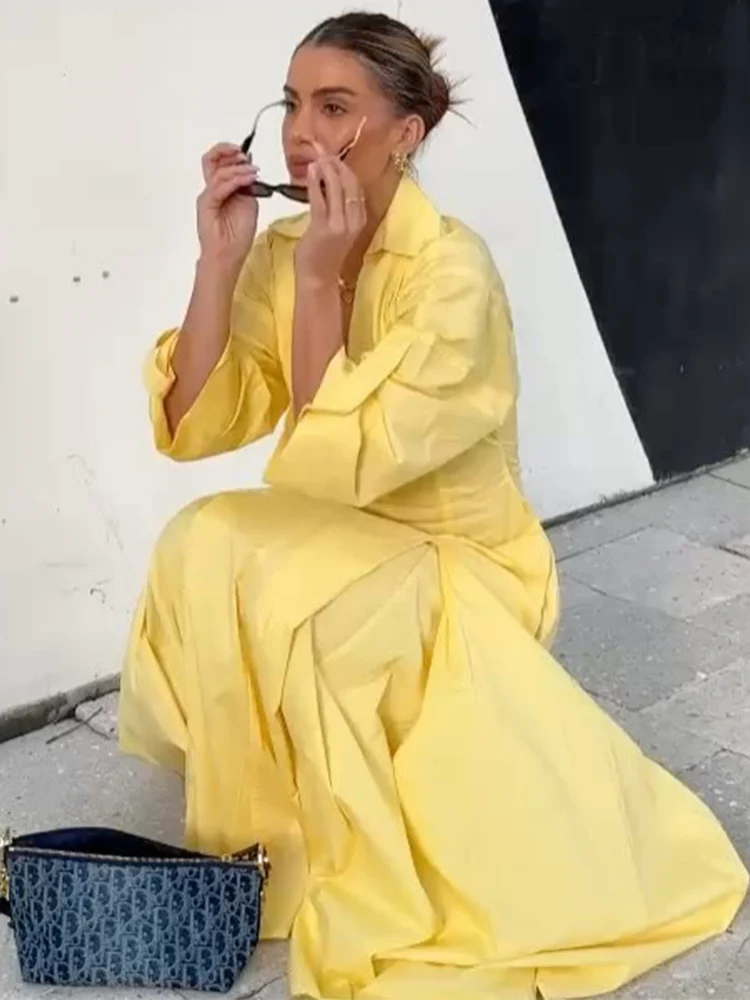 TFMLN New Women Casual Half Sleeve Long Dress Pure Color Slimming Shirt Dress Elegant Polo Collar Fashion Ladies Summer Outfit