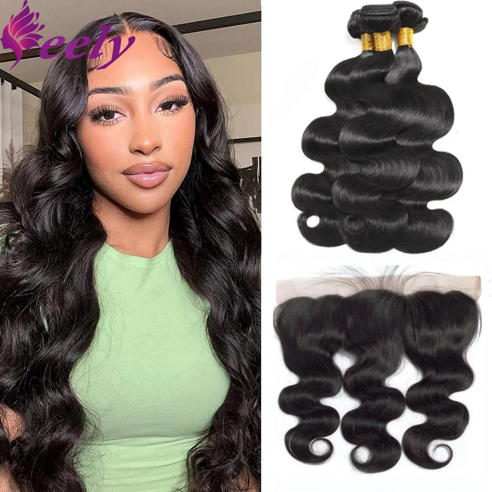 Bundles Human Hair Body Wave 13x4 Lace Frontal 100% Real Human Hair Bundles With Closure Natural Black Extension 20 22 24 Inches