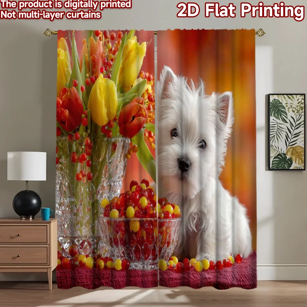 2D flat printing 2pcs Party Curtains Cute Westie Dog Tulips Digital Printed Polyester Drapes All Season Party & Holiday Decor