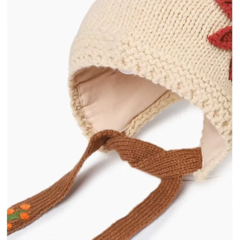 Gestrickte Wollpullovermütze für Babys mit Blume, warme Strickmütze für 1–3 Jahre alte Neugeborene, Herbst- und Winterkleidung