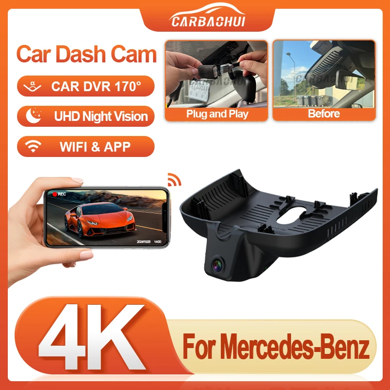 

Plug and play Wi-Fi Автомобильный видеорегистратор HD 4K 2160P ночного видения DashCam для Mercedes Benz GLB 200 220 2024 2025 Запись циклической видеорегистратора