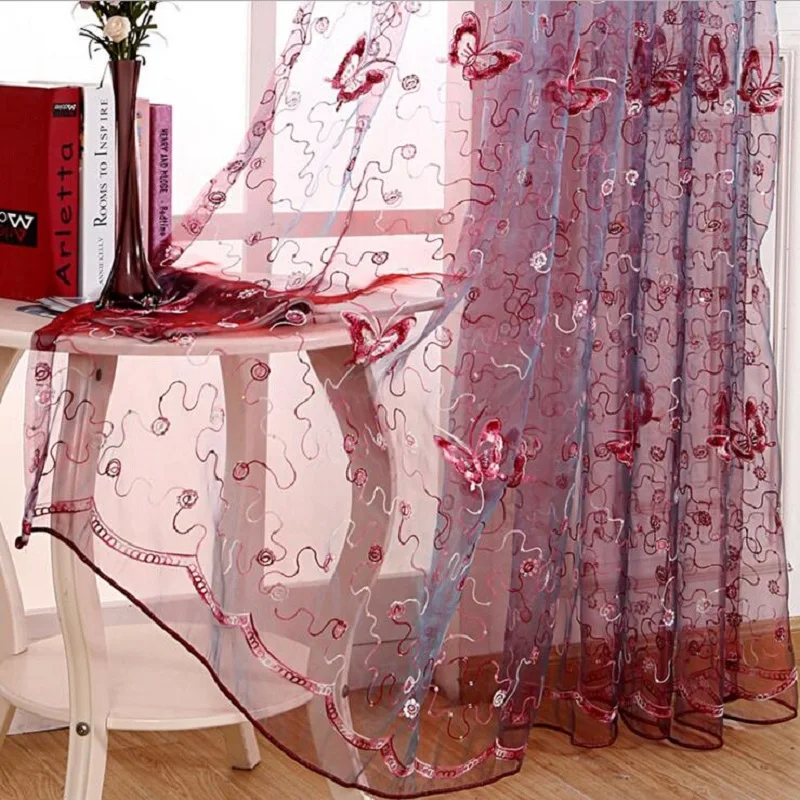 Romantic Modern Embroidered Sequins Butterfly Rustic Sheer Purple Voile Curtains for Living Room Bedroom Kitchen   344&C