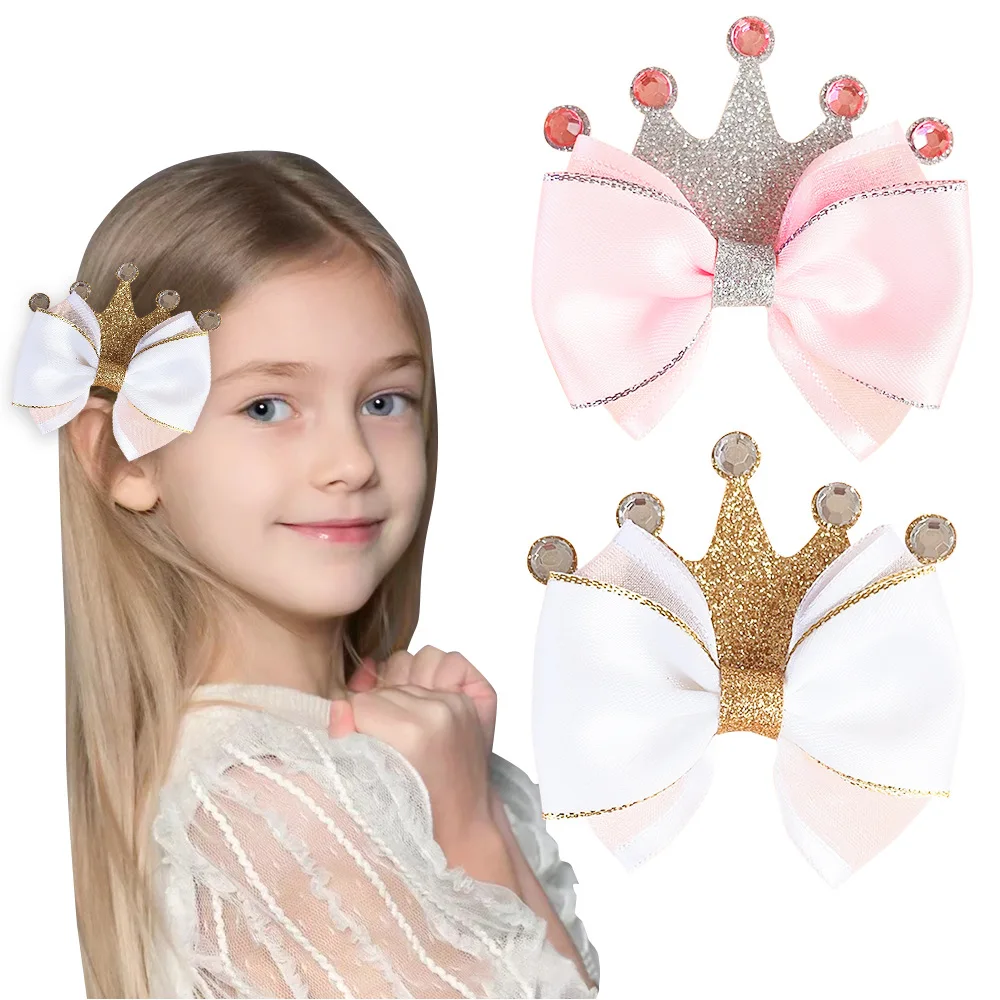 

30pc/lot New Princess Glitter Crown Bow Hair Clips Satin Ribbon Bow Barrettes Pink Color Bow Hairpins Baby Girl Hair Accessories