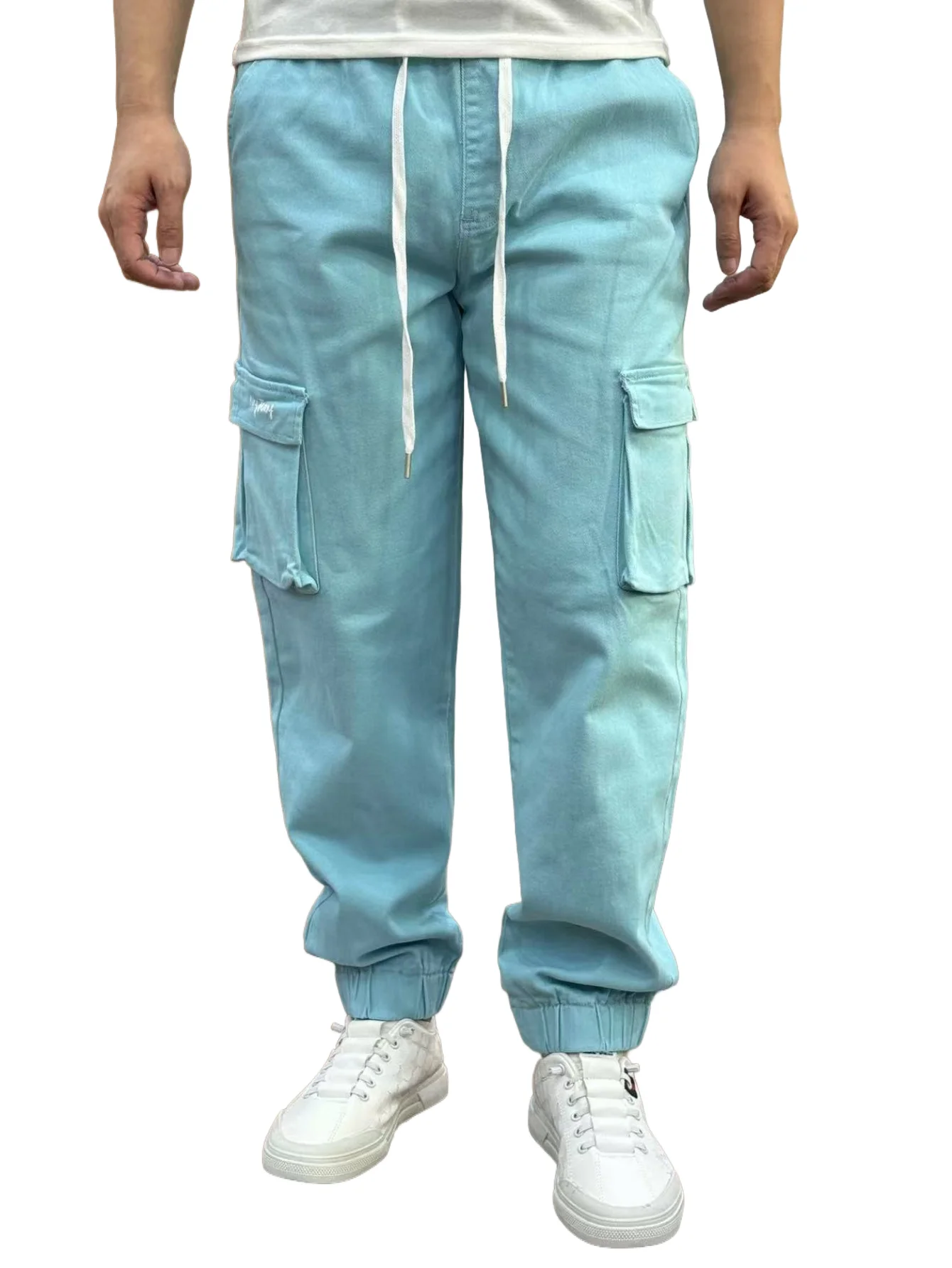 KING JEANS メンズ スカイブルー パンツ ウエストゴム入り おしゃれ トレンド ヒップホップスタイル 多機能ポケット カフス付きパンツ