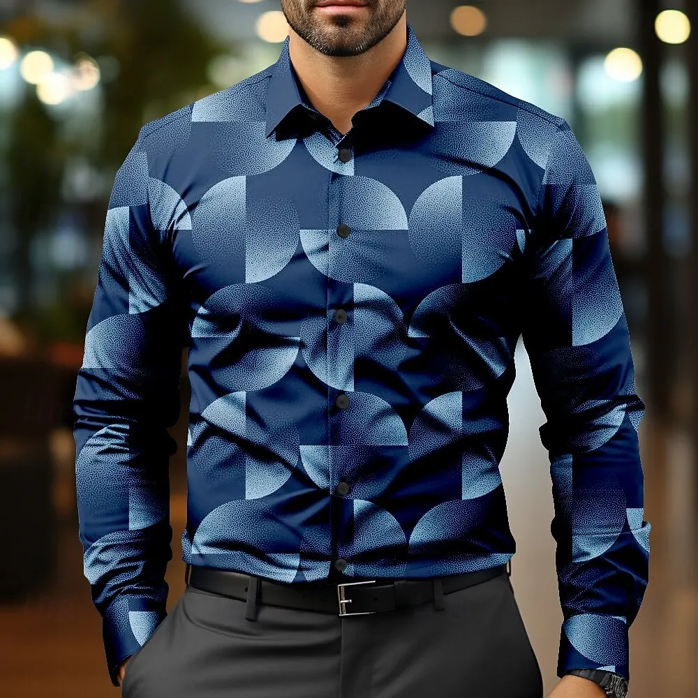 Men's Geometric Semicircle Print Long-Sleeve Shirt, Artistic Patchwork Collared Shirt, Business Trendy Men's Top