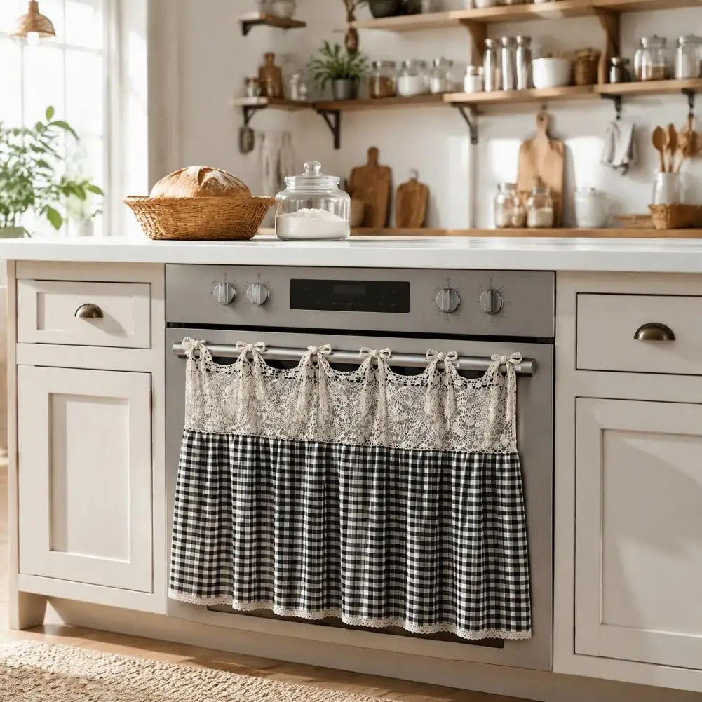 Lace Plaid Stove Decor Farmhouse Stove Skirt with Plaid Crochet Lace Cotton Blend Oven Curtain Cover Cottage Kitchen Decor