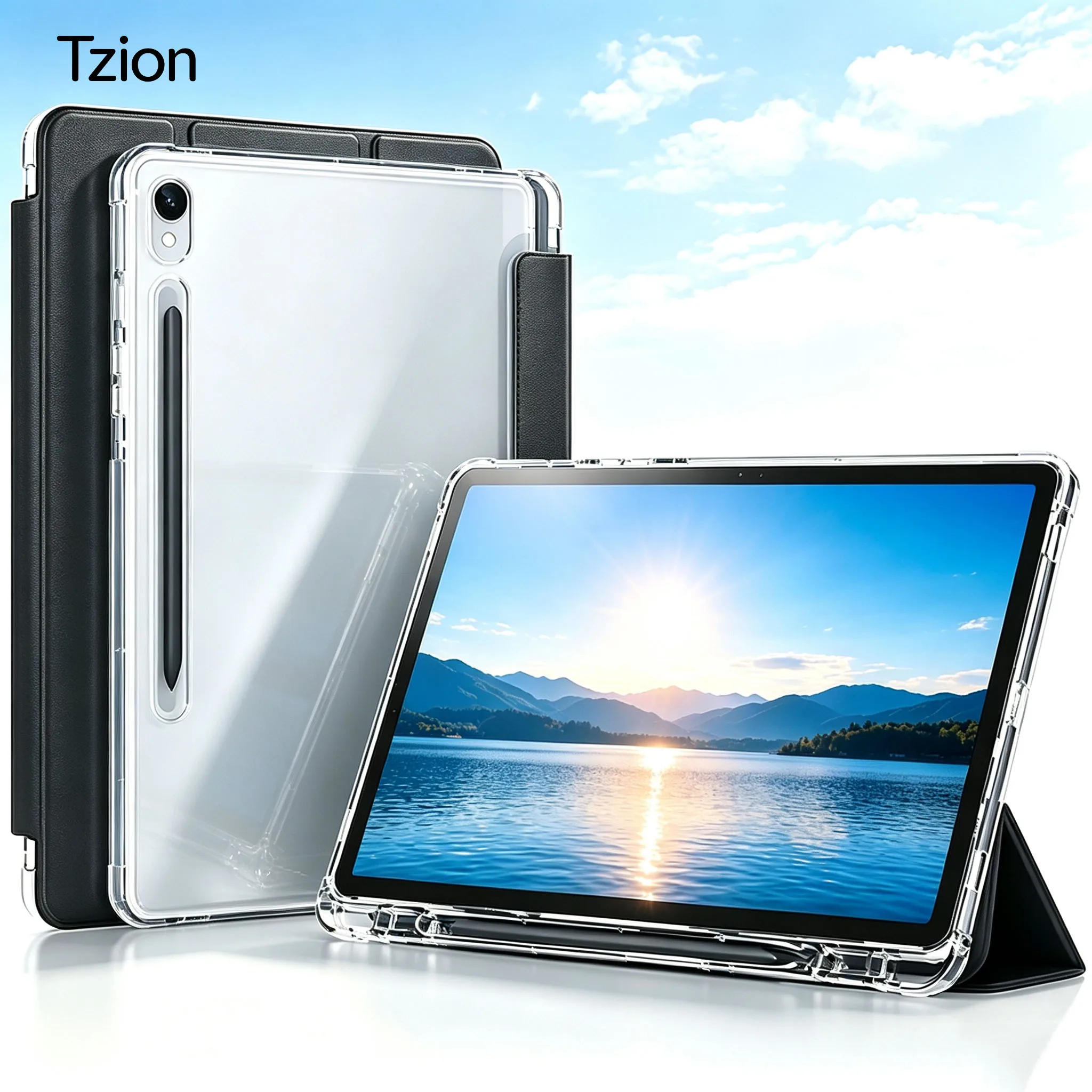 For Samsung Galaxy Tab S10 Lite/S10 FE/S9 FE/S9 10.9'' 11'', Flip Smart Cover with Clear Back Shell, Auto Wake/Sleep Tablet Case