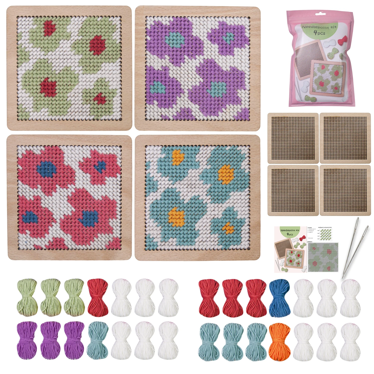 DIY Coaster Needle Point Starter Kit Sewing Set Embroidery Kit Includes 4PCS 10*10cm Wooden Board 7 Yarns And 2 Weaving Needles