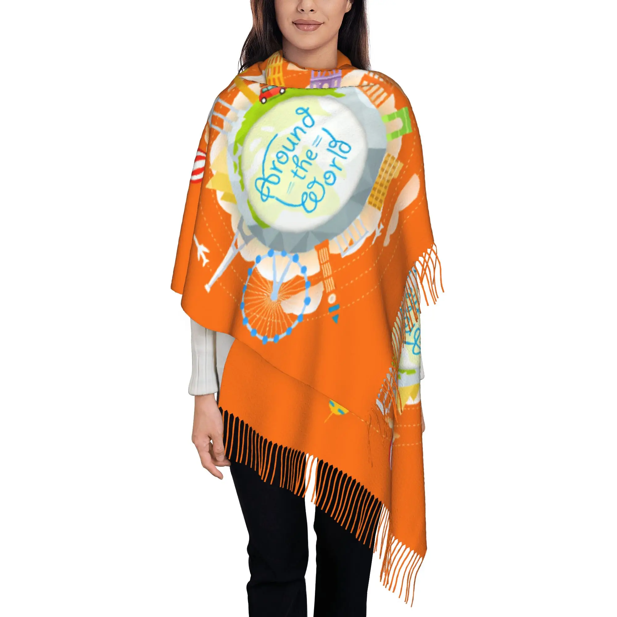 Custom Around The World Low Poly Globe With Global Landmarks Scarf Wrap Women Long Winter Fall Warm Tassel Shawl Unisex  Scarves