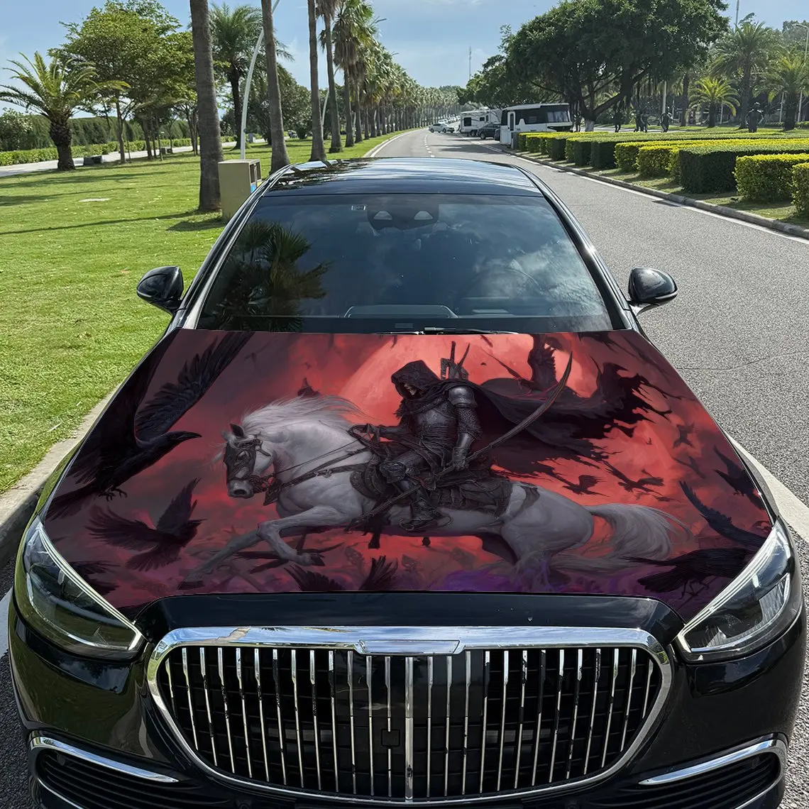 Envoltura de vinilo para coche con caballo blanco, caballero de color sangre, pegatina impermeable para capó de coche de PVC, pegatina autoadhesiva resistente a los arañazos