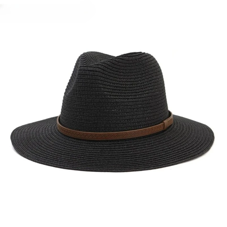 

Черные панамы для мужчин и женщин, летние солнцезащитные шляпы, мужские и женские, с декоративным поясом из соломы, новый модный дизайн, мужская джазовая шляпа, белый, хаки