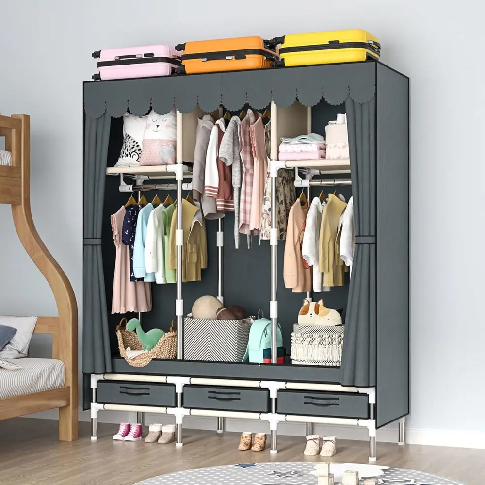 Portable Armoire Wardrobe Closet with 3 Drawers and 3 Hanging Rods,Cloth Closet Wardrobe Cabinet for Hanging Clothes,Grey Cover,