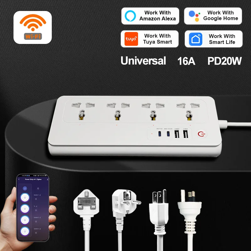 

Умный удлинитель TuYa WiFi, универсальный, ЕС, США, Великобритания, Австралия, розетки TuYa, розетки 4AC + 2USB + 2 TypeC PD20, работает с Alexa, GoogleHome