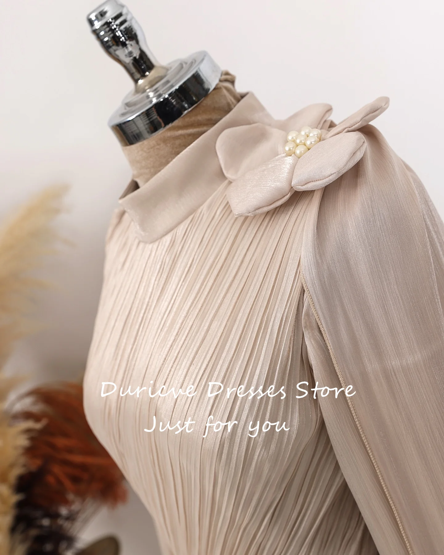 Duricve Customized Champagne Chiffon Muslim Evening Dresses 3D Flowers Long Sleeves High Neck Modest Formal Prom Gown robe de