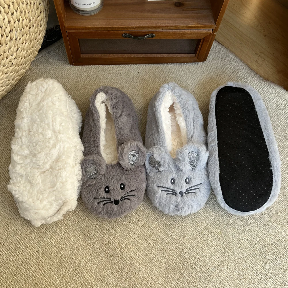 fluffy  Slipper Women Winter Non Slip Grip Indoor Fur Contton Warm Plush Home Lazy Female Mouse Ears Embroidery Fuzzy Shoes 2024