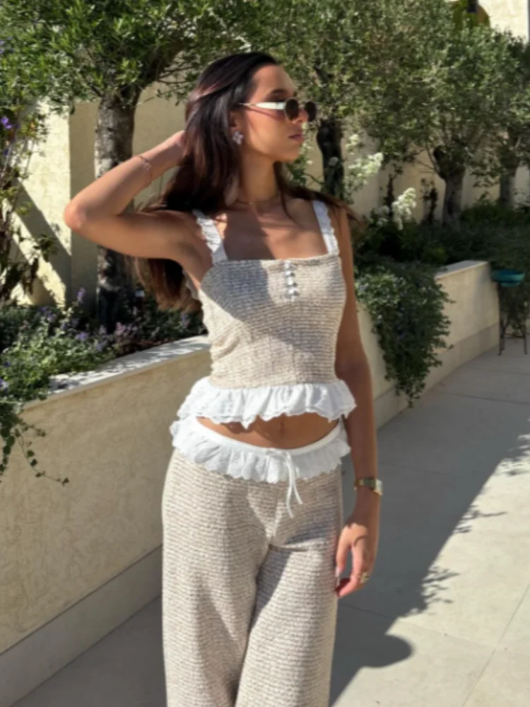 Elegant French-style Beige Set Lace Bustier Top Straight-leg Pants Women Chic Date Night Casual Street Outfits