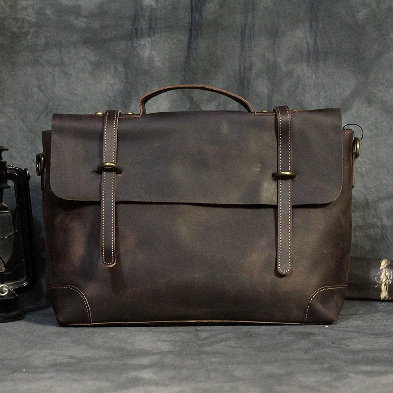 

Men's Retro Handmade Genuine Leather oulder Crossbody Bag Top Layer Cowhide Briease Handbag Faion Accory