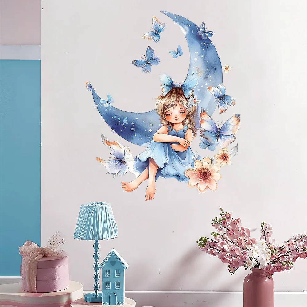 Moon Princess Butterfly Vinyl Child Wall Sticker For Baby Room Decor Wall Art Bedroom Accessories Adhesive Wallpaper Home Decor