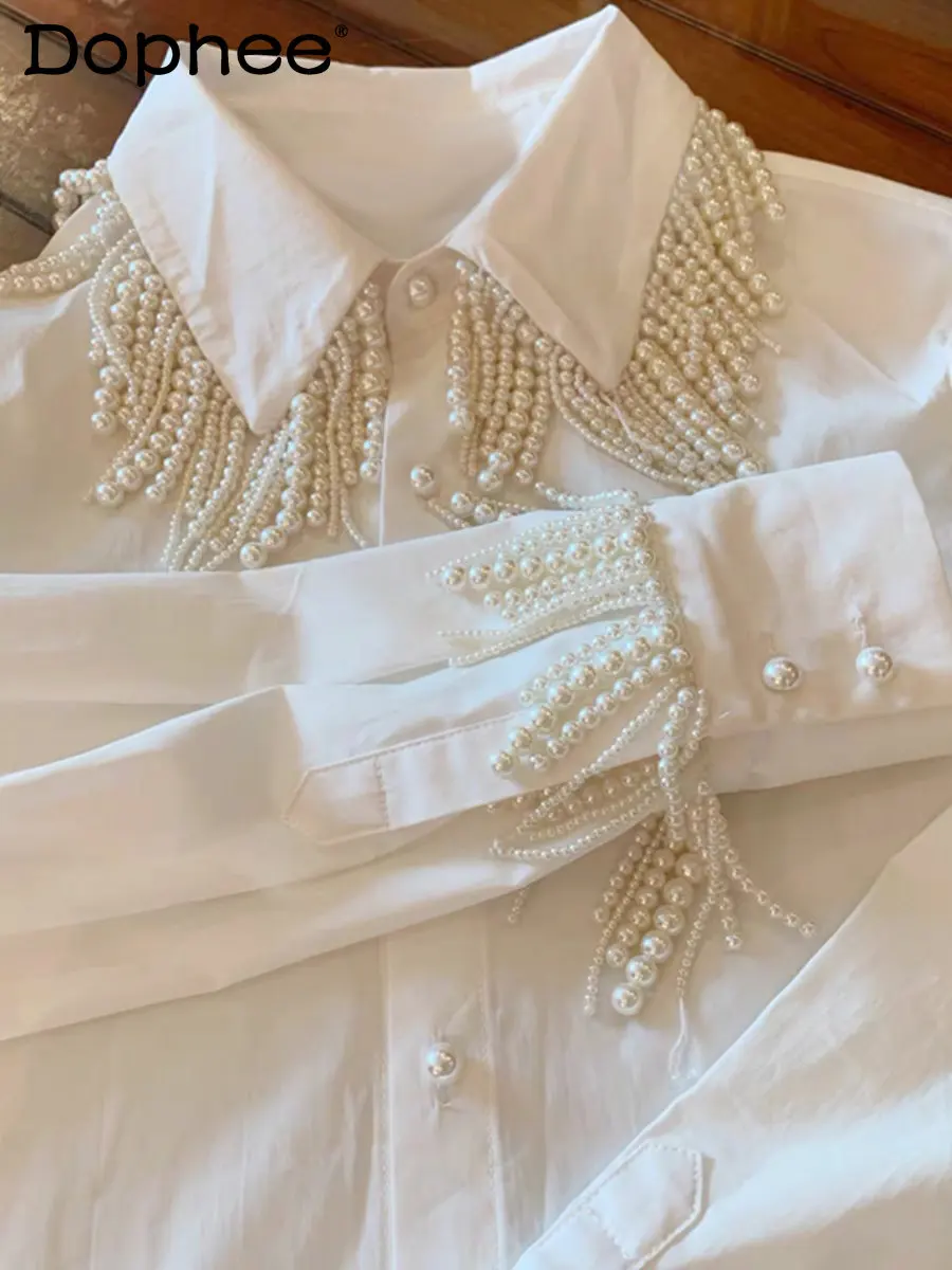 

Socialite White Shirt Top Women Heavy Pearls Tassel Decorative Shirt Dress 2023 Spring Summer New Mid-Length Blusas Femininas