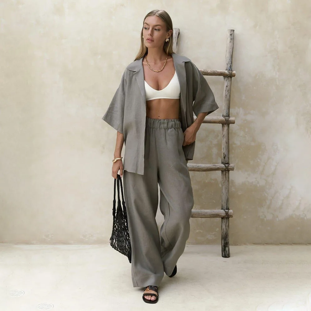 

Casual Women's Trouser Suits Short Sleeve Turn-Down Collar Button Wide Leg Pants Lady Sets 2026 Spring Summer Loose Women Set