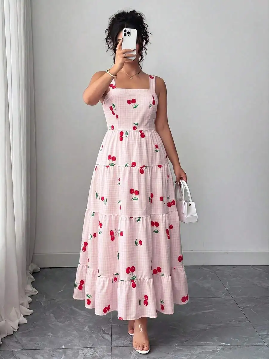 

Elegant Sleeveless Plaid Cherry Print Tiered Maxi Dress For Women