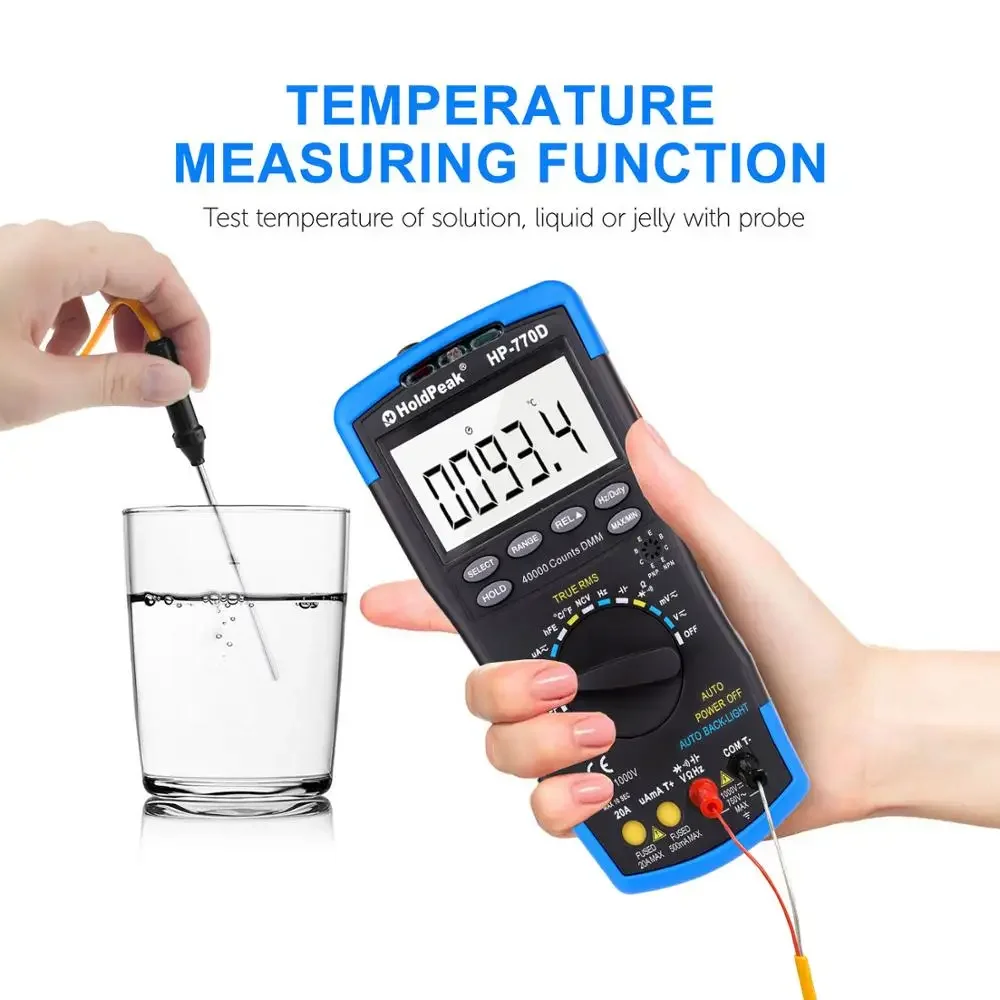 Imagem -02 - True Rms Multímetro Digital Multímetro de Alcance Automático 40000 Contagens Medida Ohm Volt Amp Capacitor Tester Holdpeak-hp770d