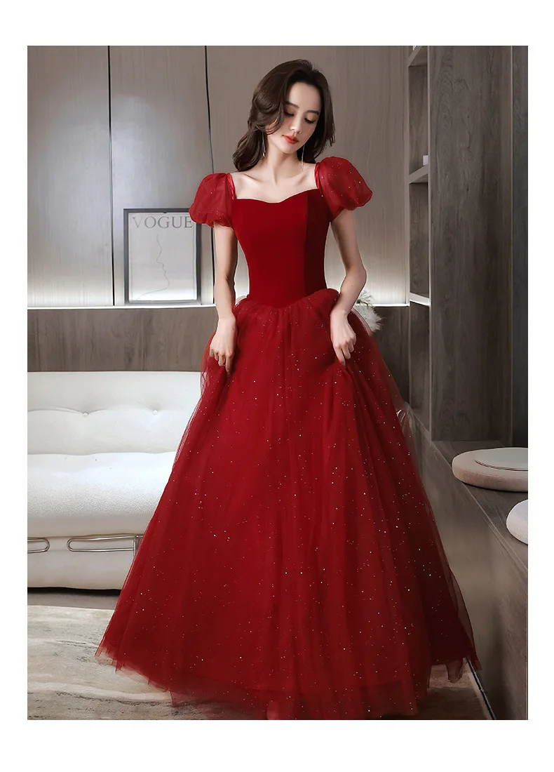 Elegant Burgundy Chiffon Square Collar Puff Sleeve Back Bandage Bride Gowns Party Banquet Female Stage Show Dresses Cheongsam