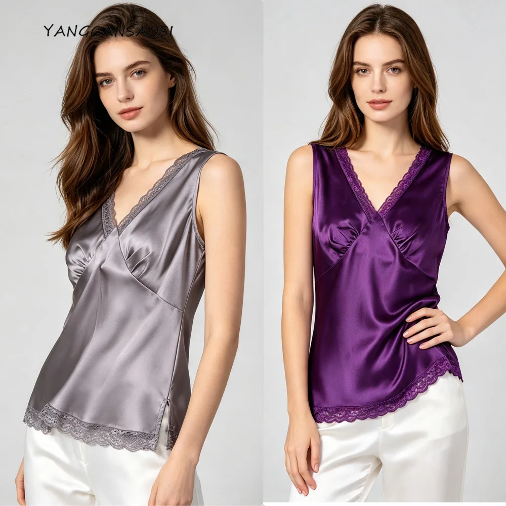 Women's Casual Summer New Heavyweight French 30MM100% Natural Mulberry Silk Fibroin Satin Lace V-neck Slim Cut Diagonal Sling