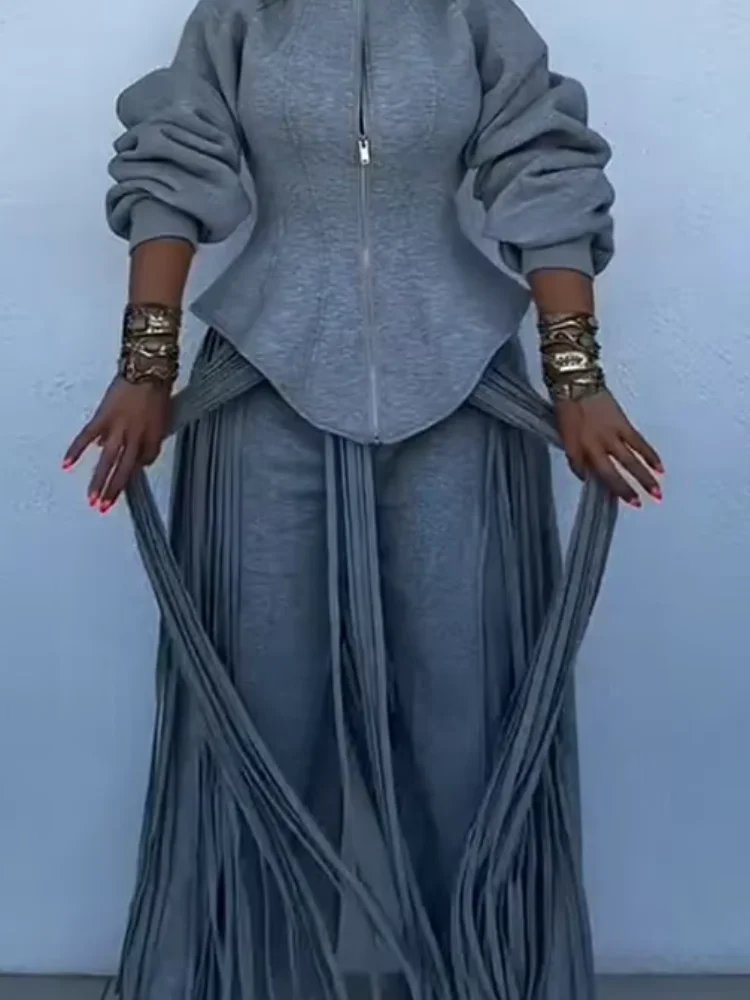 Women's Grey Long Fringe Two Piece Suit Collared Zip Corset Top Wide Leg Trousers Fall Casual Street New Trendy Hot Outerwear