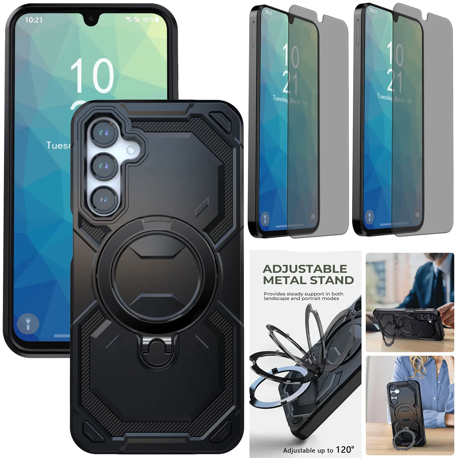 

For Samsung For Galaxy A16 Ring Kickstand Holder Case Magnetic Phone Cover +2PCS Privacy Tempered Glass Screen Portectors