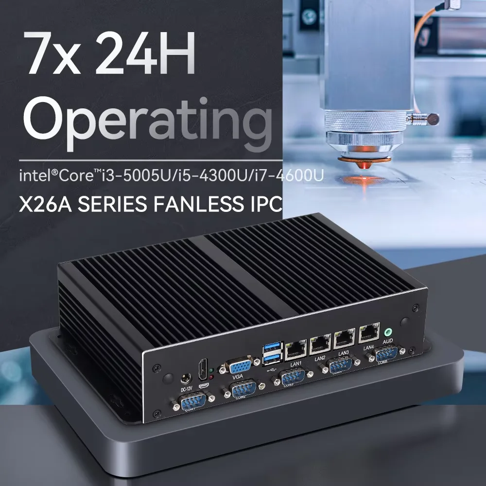 Mini PC industriale Intel Core i7-4600U i5-4300U 4x Ethernet 6x Porte seriali 6x USB HDMI VGA LVDS GPIO SIM 4G LTE Windows Linux