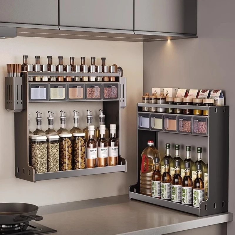 

Wall Mounted Spice Rack No Drill Kitchen Organizer for Oil Bottles & Condiments Space-Saving Seasoning Storage Solution