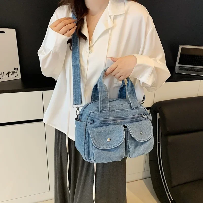 

Сумки на плечо с несколькими карманами, однотонные джинсовые сумки на молнии, новинка 2025, хит продаж, сумки для женщин, универсальный дизайн, сумки через плечо